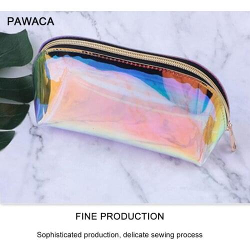 Pawaca Holographic Makeup Bag Iridescent Cosmetic Bag & TPU Toiletry Pouch & Clutch Bag & Travel Storage Pouch For Women