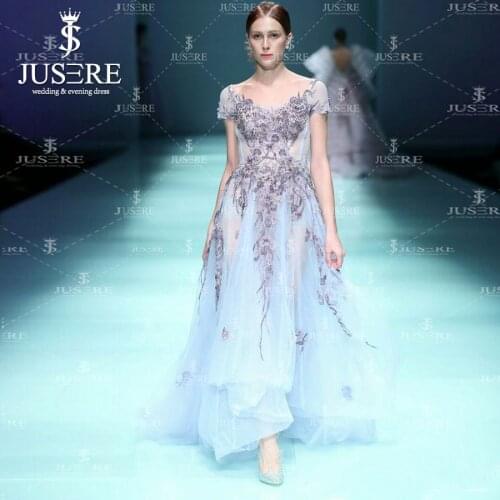 Jusere Real Photos Evening Dress In Stock Illusion Crystals Beaded Sexy Prom Gowns Fast Shipping