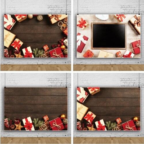 Christmas Gift Box on Brown Wooden Board Portrait Photography Background Party Decors Photo Video Backdrop Photocall