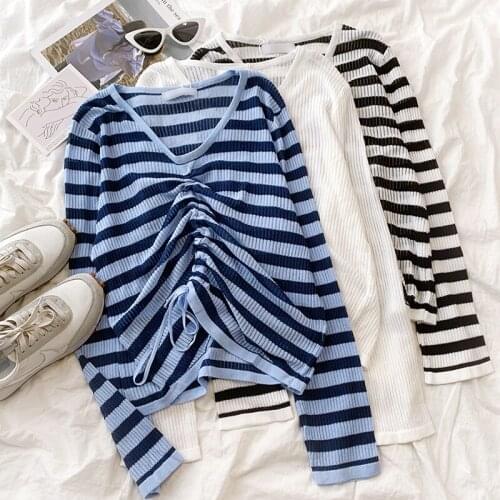 Drawstring pleated design retro blue stripes V-neck loose long-sleeved knit t-shirt