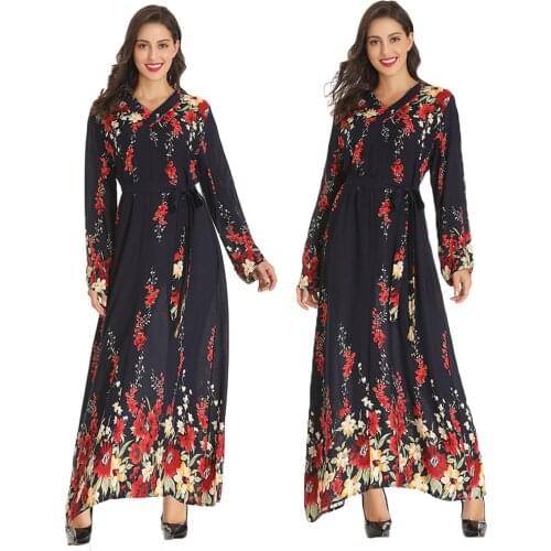 Vintage Muslim Women Long Dress Floral Printed Ethnic Long Sleeve Casual Arab Jilbab V-neck Maxi Robe Gown With Belt Elegant New