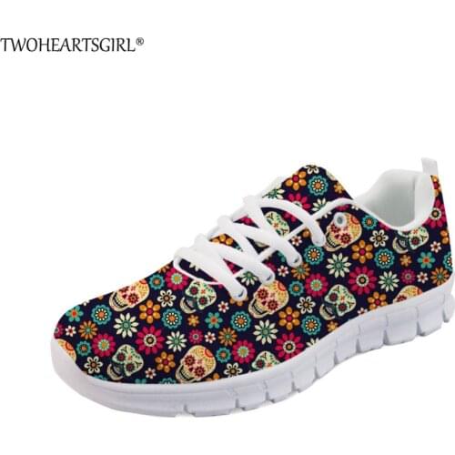 Twoheartsgirl Sugar Skull Printed Fashion Women Shoes Classic Female Lace-up Mesh Walking Shoes for Girls Punk Skull Flat Shoes