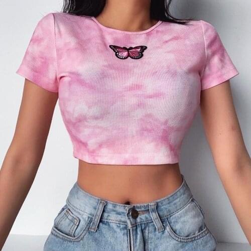 Women Embroidery Letter Casual T-shirt Sexy Tie-dyed Crop Top Button Vest Short Sleeve Round Neck Summer Slim Undershirt 2021