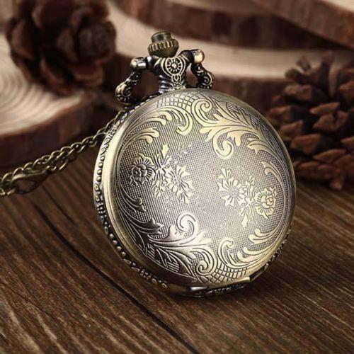 Women\s Retro Unique Bronze Quartz Chain Clamshell Pocket Watch Necklace Gift