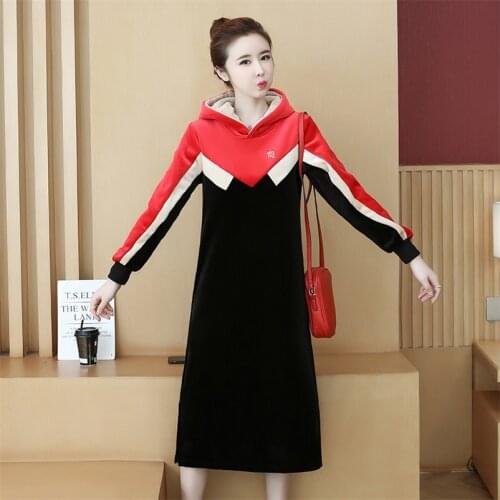 2020 Winter Hooded Velvet Thick Warm Women Dresses Vintage Casual A-Line Patchwork Dress Autumn Elegant Long Sleeves Vestidos