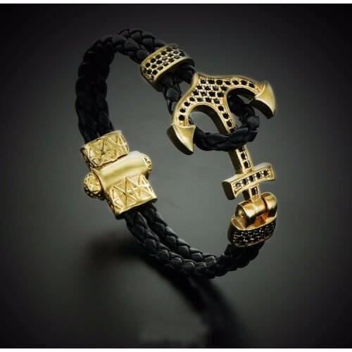 10PCS/Bag)Atolyestone Emperor Gold Bracelets Anchor Leather Cuff Bracelets & Bangles Men Women Mujer Pulseras SW-0046