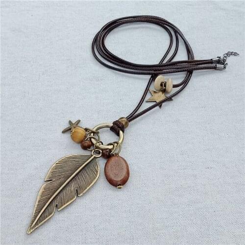 2018 double vintage long pendant necklace wood alloy feather pendant handmade sweater accessories women jewelry collier