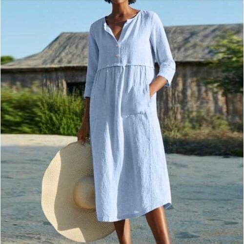 2021 Cotton Linen O Neck Women Dress Pocket Patchwork Knee Length Women Dress Three Quarter Loose Waist Nature Fiber Vestido 5XL