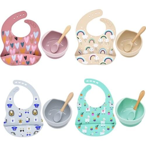 3Pcs/Set Baby Eating Dishes Tableware Silicone Baby Rainbow Printing Bibs Non-Silp Suction Bowl Set BPA Free Portable Tableware