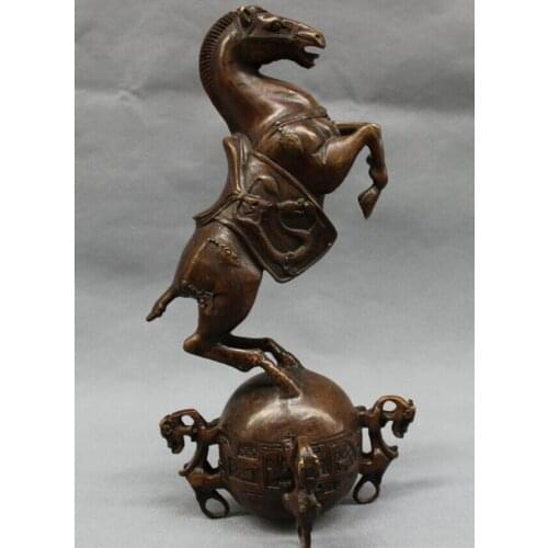 9" Chinese Bronze Marked Folk Year Zodiac Wealth Up Horse Statue On BALL