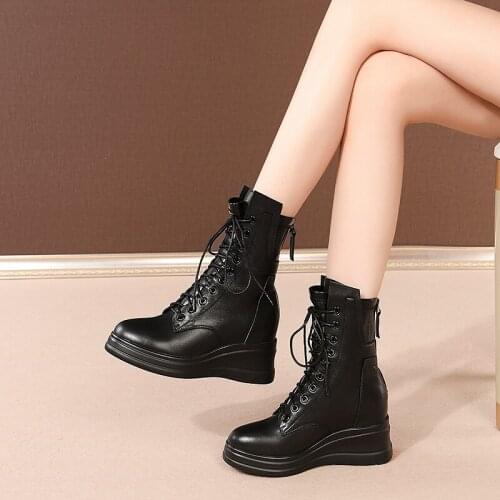 Japan South Korea New winter ankle Women boots Genuine leather 8cm wedges Fashion boots black Women shoes Waterproof Taiwan