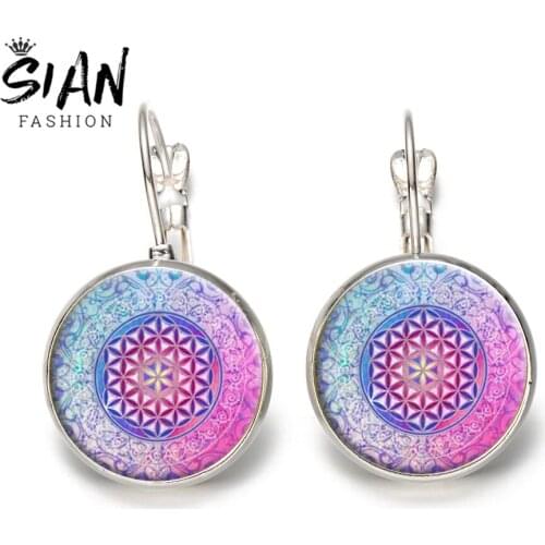 SIAN Flower of Life Buddhist Dangle Earrings Sacred Geometry Om Yoga Chakra French Hook Earrings for Women Statement Ear Jewelry