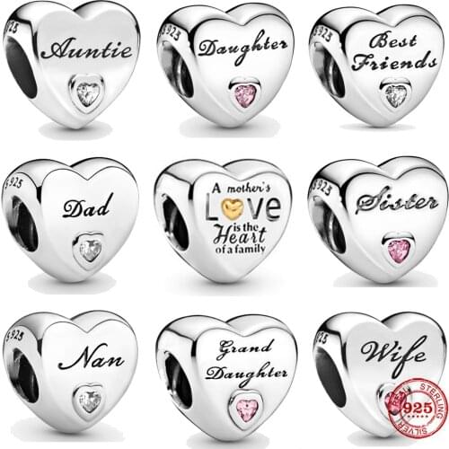 Love Heart Shape Original Dad Sister Wife Daughter Best Friends Beads Fit Pandora Charms Silver 925 Bracelet DIY Women Jewelry G