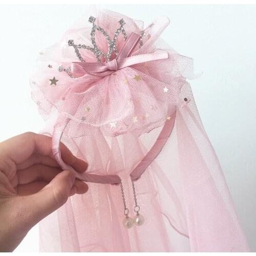 Crown Pearl Mesh Veil Headband Suppiles Kid Flower Girl Dress Wedding Decoration Hairband Birthday Gift Christmas Halloween