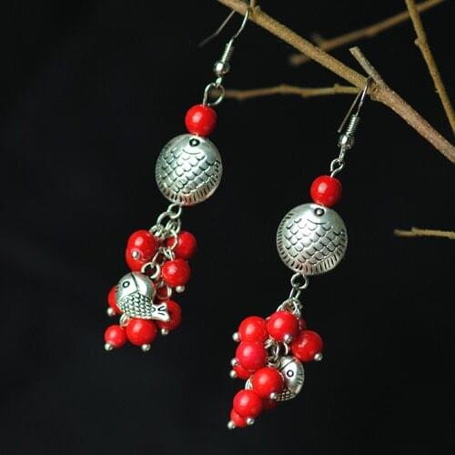 Ethnic jewelry DIY vintage quality of red stones Tibetan silver fish dangle earrings ,New Chinese wind old fashioned earrings