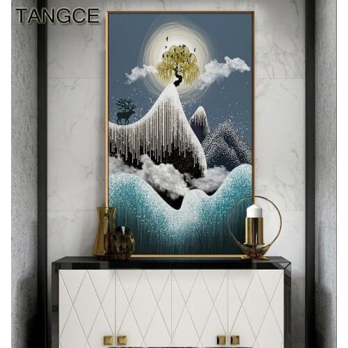 Nordic Animal Golden Deer Tree Canvas Wall Art Prints Painting Mountain Posters White Nature Landscape Picture for Living Room