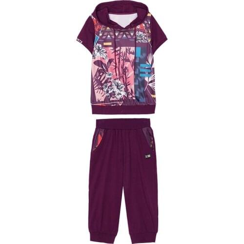 Summer Women Suit Set Tracksuit Fashion Bamboo Printing Short Sleeve Hoodie T Shirt and Capris 2 Piece Set Women