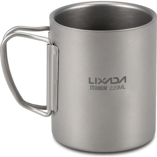 Lixada 450ml Titanium Double Wall Cup Water Coffee Tea Cup Mug with Foldable Handle Folding Spork Spoon Coffee Water Mug