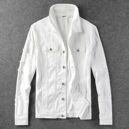 Korean Style Fashion Men Jackets Elastic Destroyed Designer Ripped Slim Denim Jacket Men Streetwear Hip Hop Casual Cotton Coats