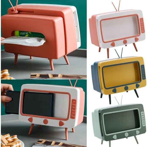 Creative Cartoon TV Tissue Box Phone Groove Holder Cute Retro Television Cellphone Paper Storage Stand Holder TV Case Organizer
