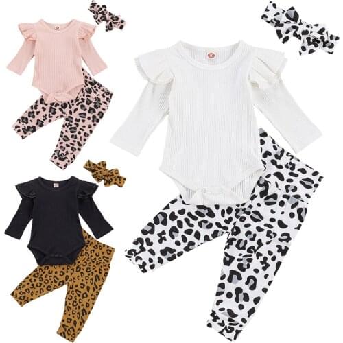 2020 Autumn Newborn Baby Girls Clothing Set Toddler Long Sleeve Round Neck Solid Color Top+ Leopard Print Pants + Headband 0-18M