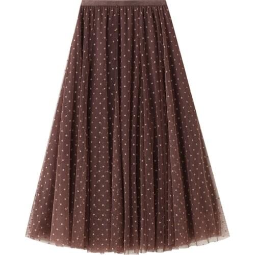 Star Printed Mesh Skirts 2021 Spring Summer Elastic High Waist Long Skirts Casual Empire Three Layers A Line Faldas Mujer Moda