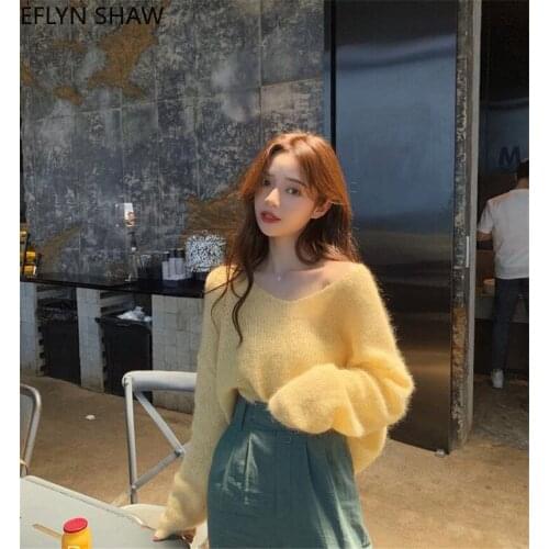 Women Fuzzy Sweaters Fall Cute V Neck Thin Loose Short Knitted Tops 2021 New Fashion Furry Pullover Sweet Mustard Yellow Jumpers