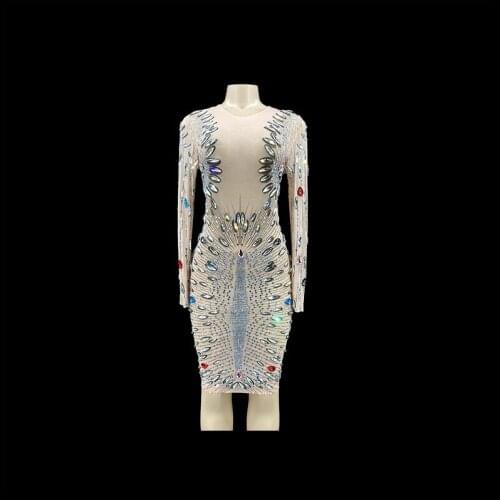 Sexy Silver Rhinestones Mesh Dress See Through Birthday Dresses Female Singer Evening Party Prom Celebrate Perspective Dress