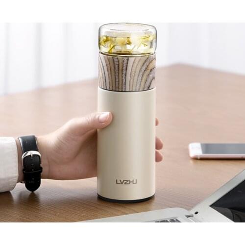 Stainless Steel Thermos Bottles Vacuum Flasks Wood grain Glass Tea Filter Infuser Separation water Bottle Portable LeakProof Mug