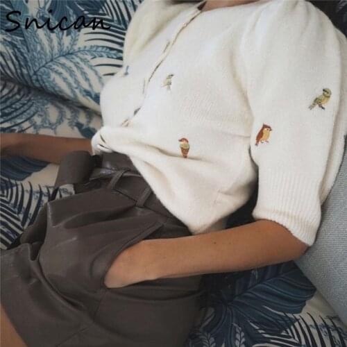 Snican half sleeve bird embroidery knitted cardigan crop tops fashion spring za top femme chandails 2020 female sweater jumper