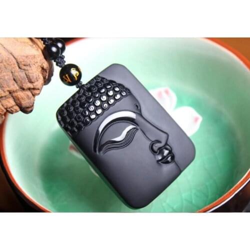 High Quality Unique Natural Black Obsidian Carved Zwarte Boeddha Hoofd Lucky Amulet Pendant Necklace For Women Men pendant