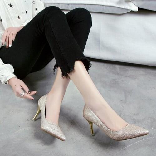 Woman Luxury Bling High Heels Women Pumps Ladies Sexy Party Wedding Sequins Pointed Toe Shoes Golden Gold Heel Square U14-48