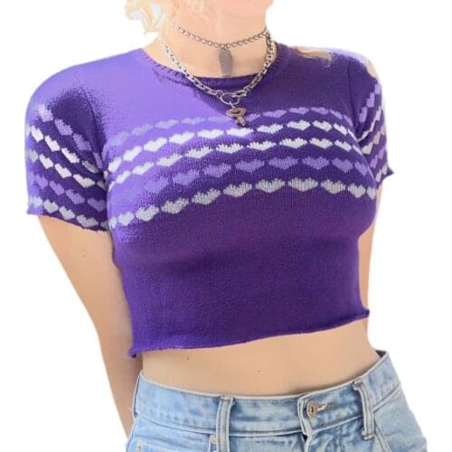 Female Knitted T-Shirt Heart Print Round Neck Short Sleeve Crop Tops Close-Fitting Blouse for Summer S/M/L