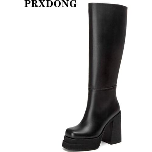 INS New Fashion Women Knee High Boots Thick High Heels Platform Black Platform Autumn Winter Warm Snow Booys Plus Size 34-42