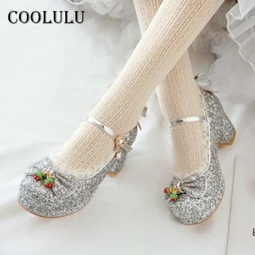 COOLULU Women Shoes Bling Bow High Heels Platform Block Heel Pumps Buckle Round Toe Female Footwear Sweet Spring Silver Size 43