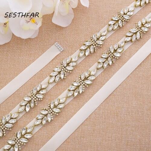 SESTHFAR Rhinestone Wedding Belt Golden Belt Diamond Crystal Belt Flower Belts Bridal Sash For Wedding Dresses