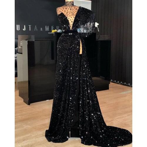 Black Robe De Soiree A-line High Collar Sequins Sparkle Beaded Slit Sexy Long Prom Dresses Prom Gown Evening Dresses