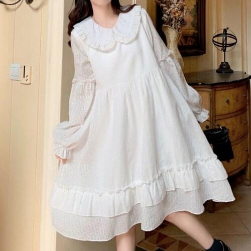 Japanese White Kawaii Lolita Dress Women Patchwork Ruffles Korean Elegant Sweet Dress Female Puff Sleeve Party Dress Summer 2021