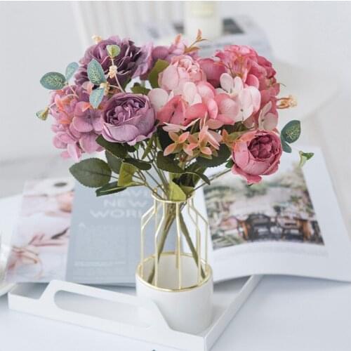 1 Bouquet Artificial Flowers Peony Tea Rose Pink Silk Fake Flowers for DIY Living Room Home Garden Wedding Bride Decoration