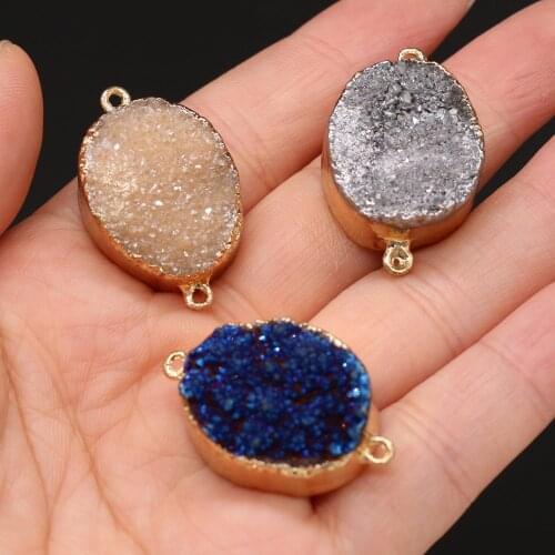 1pcs Natural Stone Druzy Crystal Egg Shape Gray Pendant Double Hole Connectors for Necklace Bracelet Jewelry Making Size 20x30mm