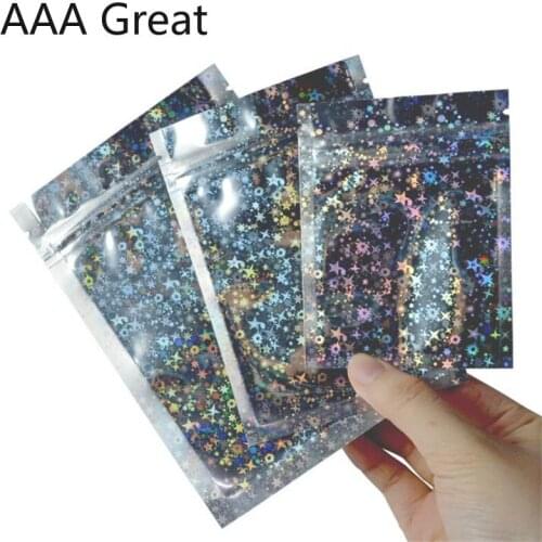 100Pcs/Lot Aluminum-Plated Zip Lock Bag Stand-Up Bags Double-Sided Laser Stars Flat Jewelry Pendant Food Storage Pouches Packing