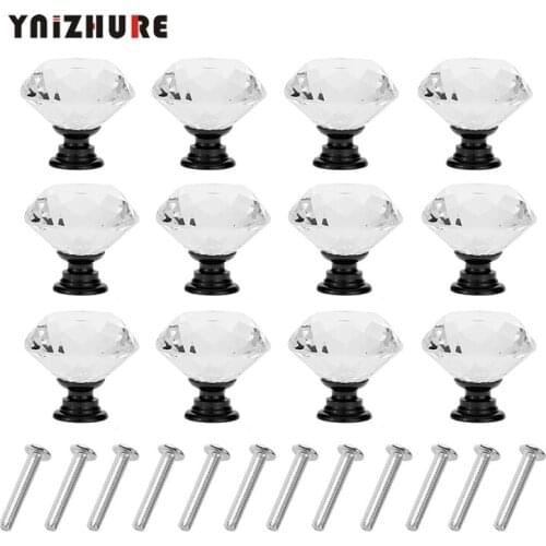 12PCS Pack Drawer Handle Glass Crystal Diamond Shape Crystal Glass 30 mm Cabinet Drawer Door Kitchen Handle Black Knobs