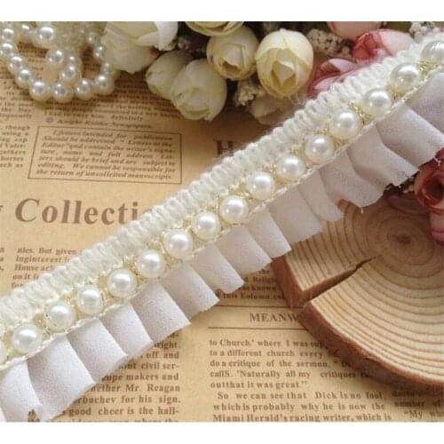 2 yards Vintage White Pearl Beaded Cotton Chiffon Embroidered Lace Trim Ribbon Fabric Handmade DIY Wedding Dress Sewing Craft