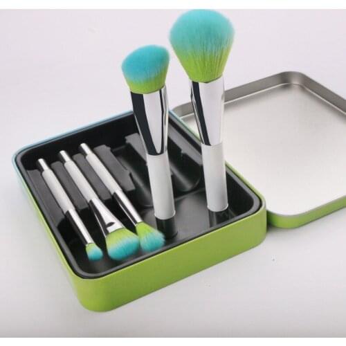 Korean Fashion 5pcs Makeup Brush Set Portable Magnetic Powder Blush Foundation Brush Kit with Metal Box Pearly White Green