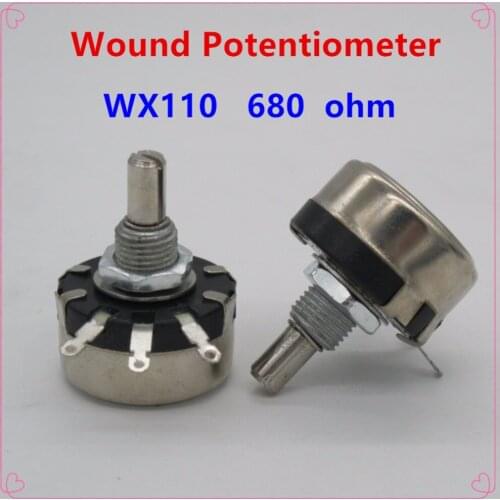 5pcs WX110(010)680 ohm 3 Soldering Terminals 6mm Round Metal Shaft Single Turn Wire Wound Potentiometer
