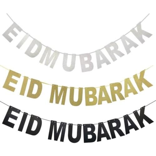 Gold Silver EID Banner Glitter Paper Garland EID Mubarak Party Muslim Festival Bunting Ramadan SN570