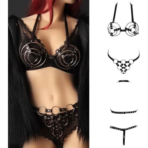 Metal Ring Accessories Leather Punk Goth Body Bondage Sexy Lingerie Fetish Erotic Women Underwear Set Harness Belt Waist Size