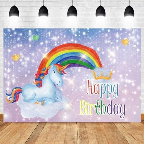 Laeacco Rainbow Unicorn Child Birthday Photo Background Shiny Star Glitters Baby Portrait Customized Poster Photography Backdrop