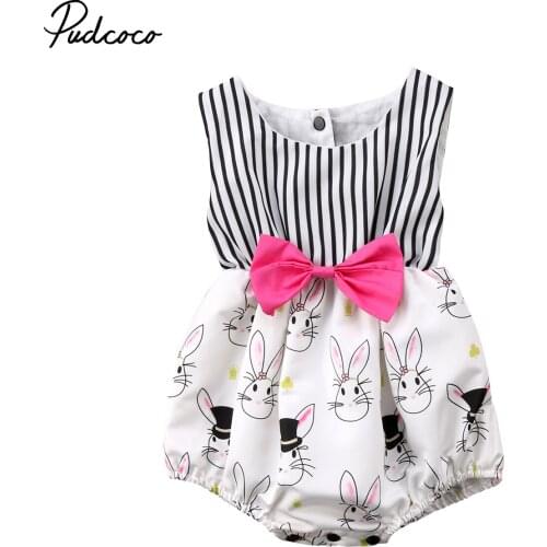 Hot Sales Newborn Baby Girl Infant Bunny Rabbit Striped Bow Bodysuits Sleeveless Jumpsuit Bodysuit Outfits Clothes 0-24Months