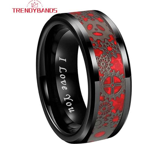8MM Tungsten Carbide Wedding Bands Engagement Rings For Men Women Gear Red Opal Inlay Beveled Edges Comfort Fit
